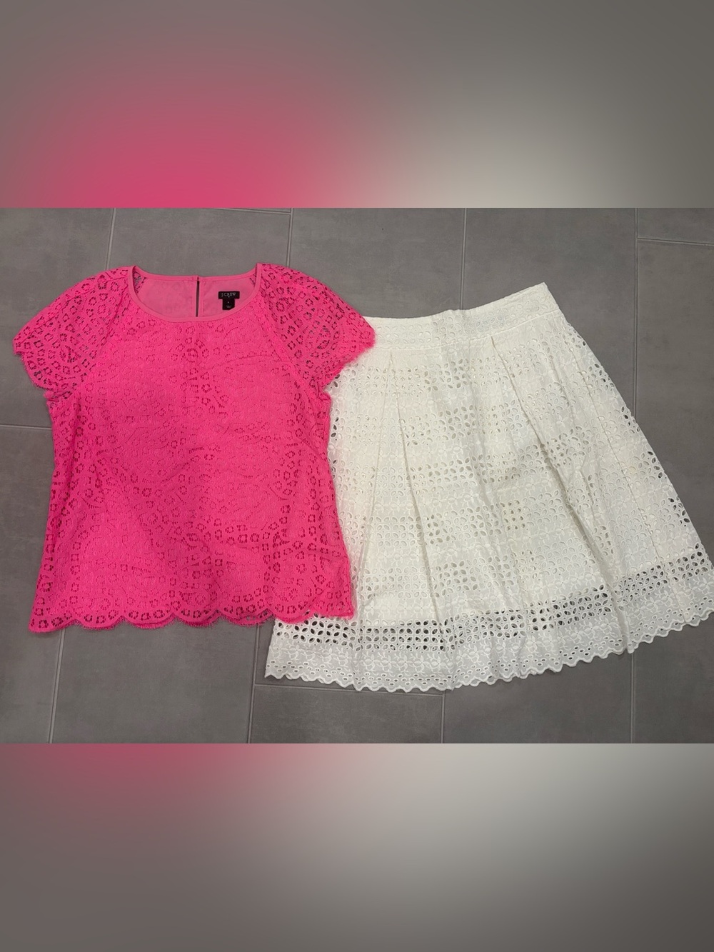 Set/2 eyelet collection, 1 great price! JCrew Fuchsia s/s top & white midi skirt